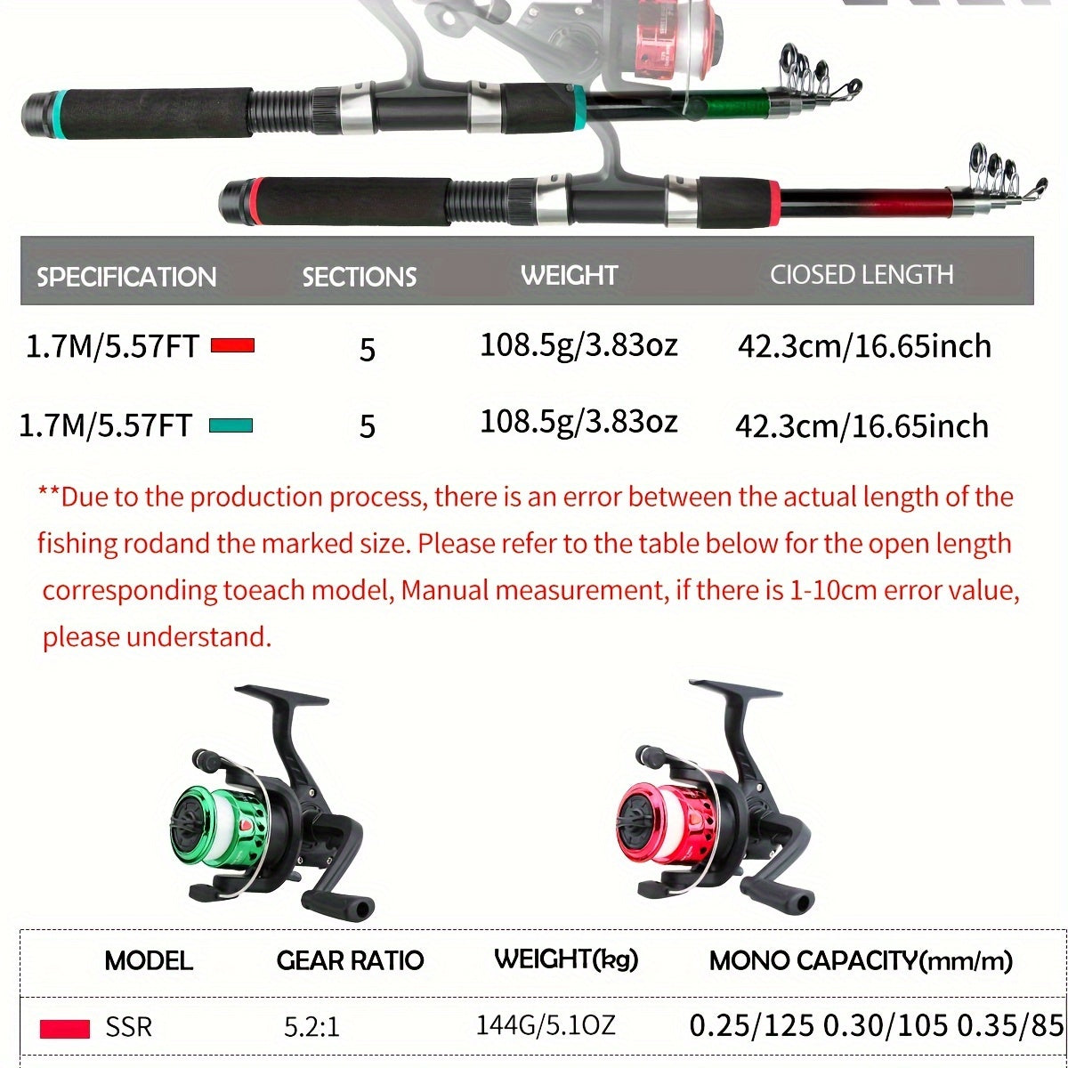 Travel-friendly telescopic fishing rod set with feeder, made of durable FRP, includes carp spinning pole, reel, baits, and hooks.