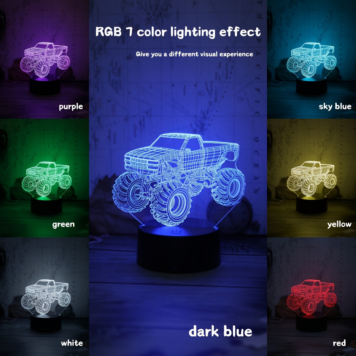 Modern Monster Truck 3D Illusion Table Lamp, Touch Control Night Decor, USB Powered Desk Accent with Integrated LED Source.