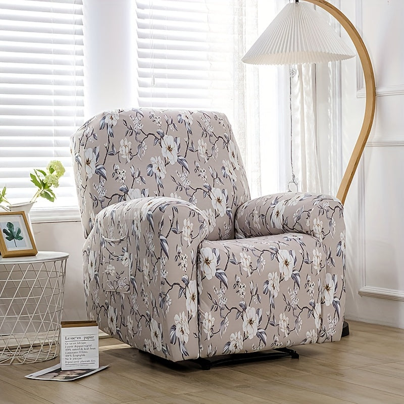 Boho recliner chair cover with pocket, non-slip, machine washable, blue color, made of polyester and spandex.