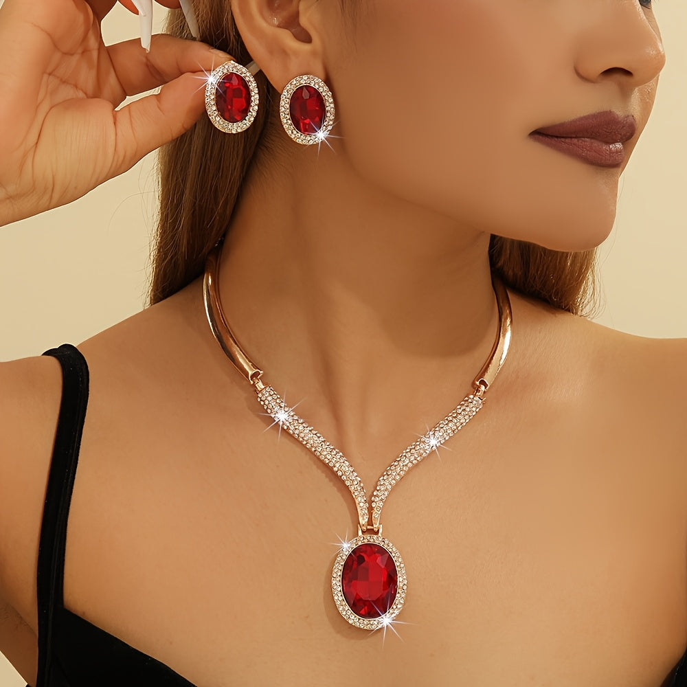 Luxurious 2-Piece Women's Jewelry Set in Middle Eastern Style featuring Red Sparkling Artificial Crystal Inlay. This set boasts an Exquisite and Elegant Design that is both Bold and Avant-garde. Perfect for Daily Wear, Parties, Weddings, and Festivals