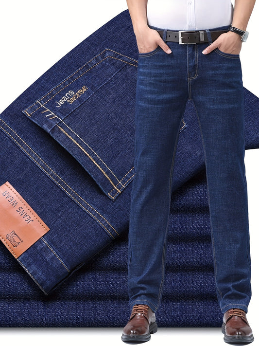 Men's Classic All-Season Denim Jeans with Regular Fit, 50% Cotton, 30% Polyester, 18.5% Viscose, 1.2% Spandex, Solid Color, Washed, Slight Stretch, Zipper Fly, 350g/m² Fabric Weight, Basic