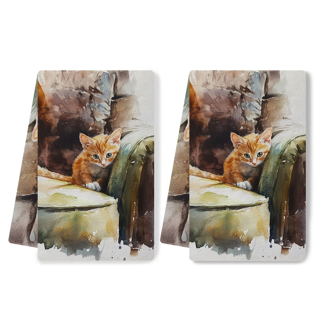 Two pieces of ultra soft kitchen towels featuring an adorable peekaboo kitten design. These towels are highly absorbent and machine washable, making them perfect for use as dish hand towels. Add a cozy touch to your home decor with these towels