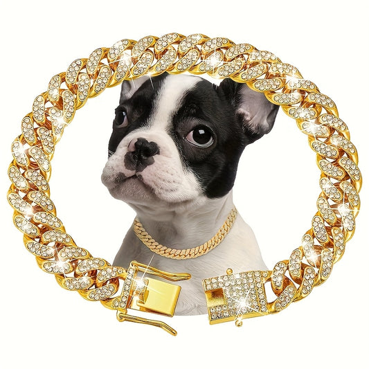 1pc Rhinestone Cuban Chain Dog Collar for Pets, 13mm Wide