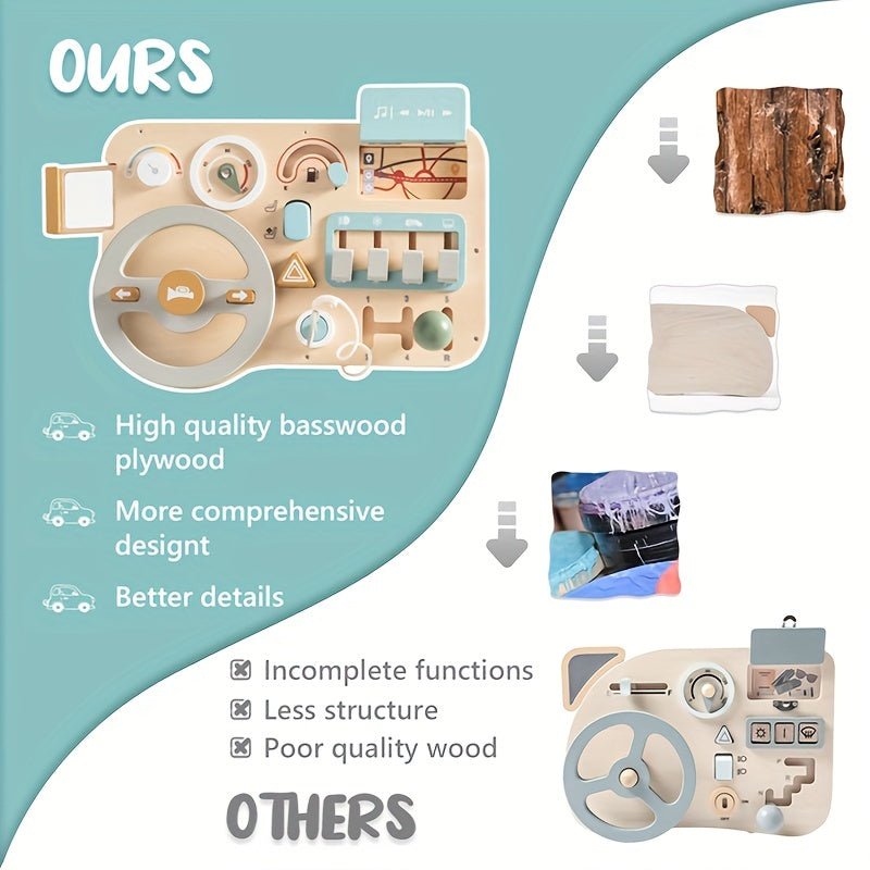 Wooden Steering Wheel Busy Board Toy featuring Vehicle Sign Recognition, Problem Solving, and Motor Skills Development for Youngsters. Smooth, Burr-Free Plywood in Light Green/Blue/Yellow.