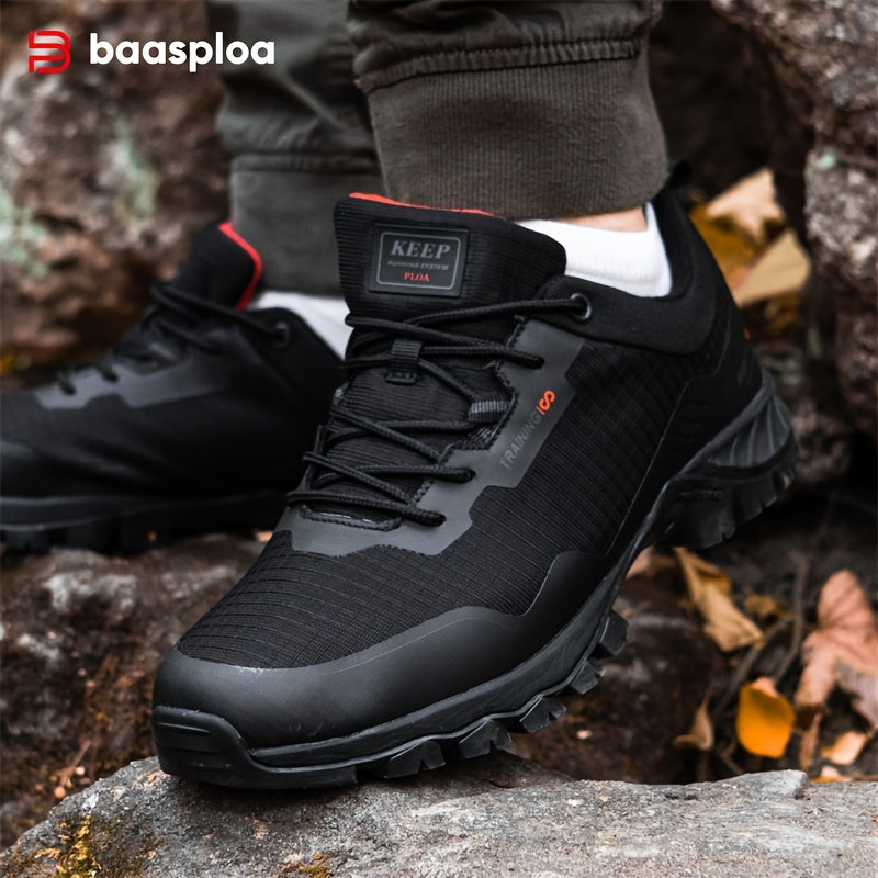 BAASPLOA Men's Low-Top Hiking Shoes in Black with Red Accents - Durable, Waterproof, Anti-Slip, Comfortable PU Insole