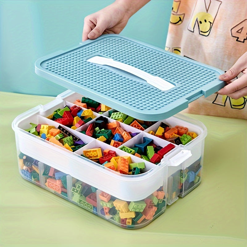 Large portable plastic storage box with lid and grid, multi-layer design, perfect for organizing blocks, snacks, and toys. Available in 1, 2, or 3 tiers, suitable for bedroom, living room