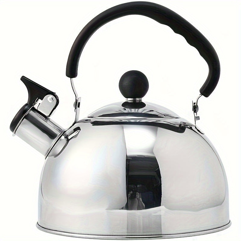 Stainless steel whistling kettle for fast boiling on gas stove or induction cooktop, ideal for outdoor use.