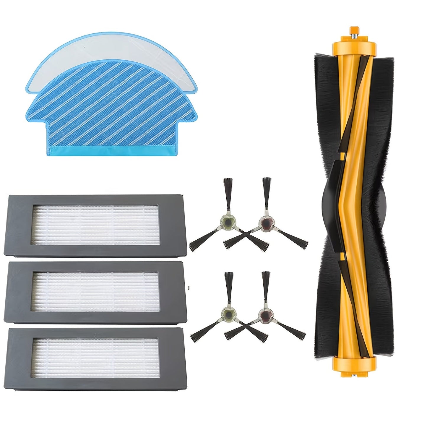 Replacement parts for the Ecovacs Deebot DJ35 DJ36 robotic vacuum cleaner, including 1 set of disposable mop cloths, roller brush, side brush, and HEPA filter.