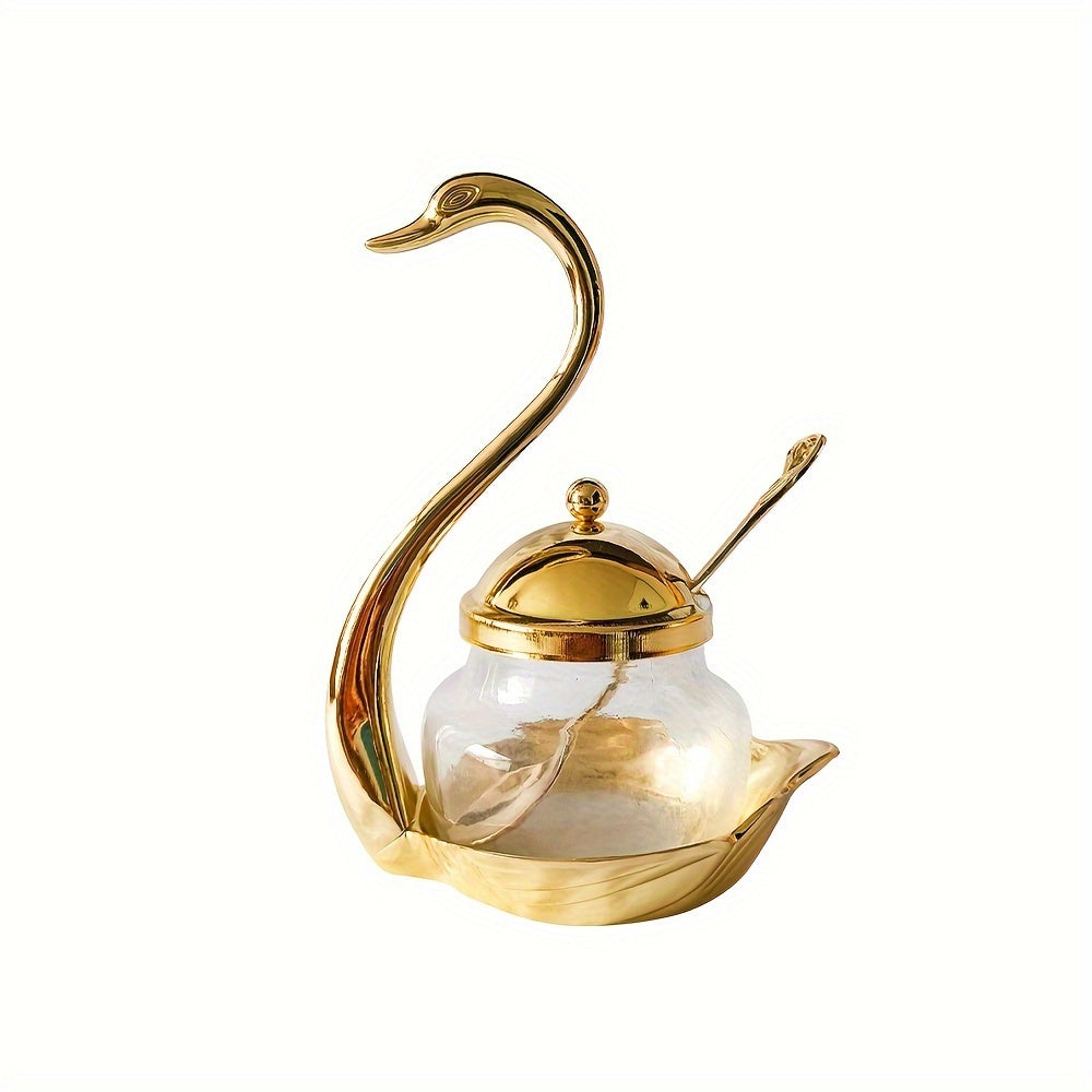 1 piece Swan Glass Condiment Jar with Spoon, Kitchen Storage Container, Sugar Bowl, Seasoning Pot, Home Decor, Wedding and Mother's Day Gift, Kitchen Accessories.