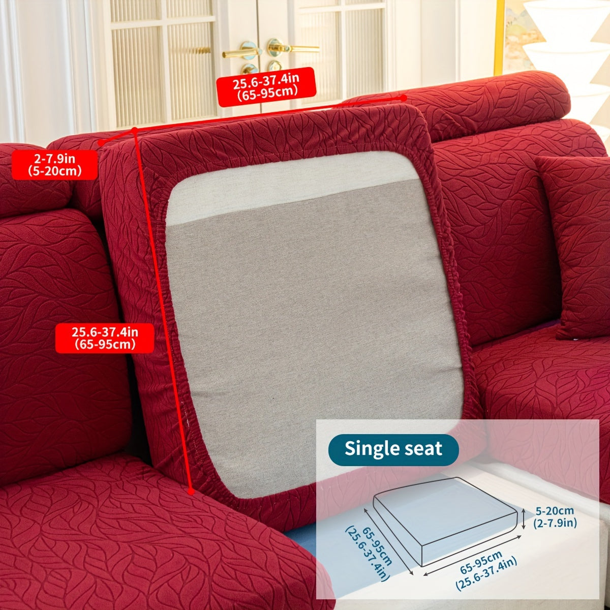 1-piece all-season red sofa cover is scratch-resistant and stain-proof, ideal for 1 to 4-seater sofas in the living room, bedroom, or office. Features a modern jacquard design, non-slip elastic, and is machine washable.