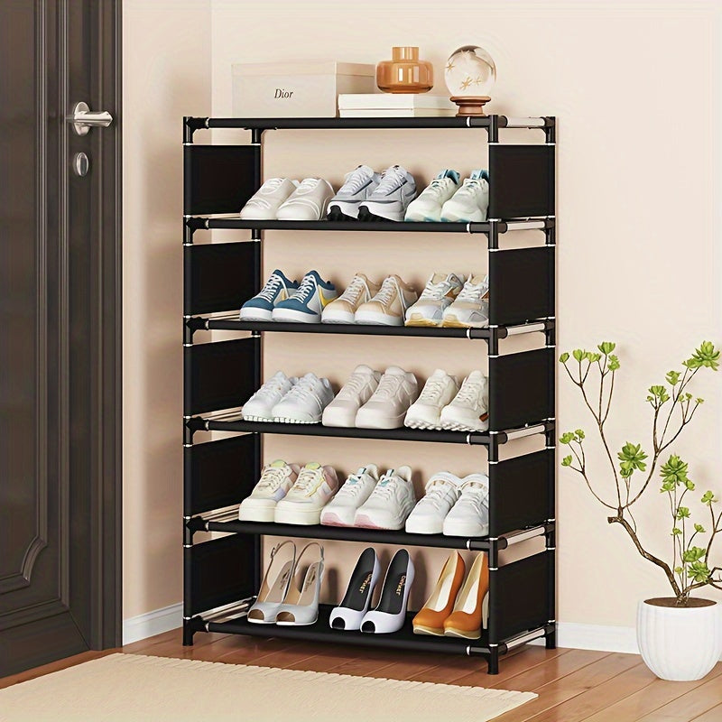 A convenient 5/7-Tier Shoe Rack designed to save space, featuring easy assembly, stackable and expandable capabilities. Made with durable fabric and metal, no batteries needed. Perfect for storing shoes in the living room, dorm, apartment, or home