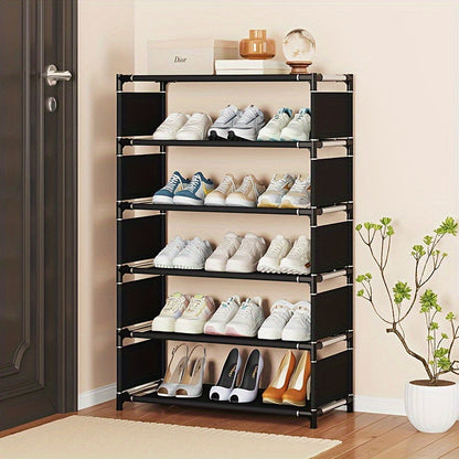 A convenient 5/7-Tier Shoe Rack designed to save space, featuring easy assembly, stackable and expandable capabilities. Made with durable fabric and metal, no batteries needed. Perfect for storing shoes in the living room, dorm, apartment, or home