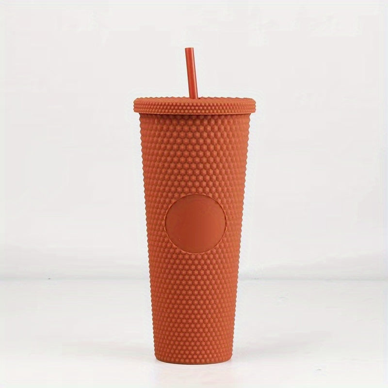 1pc studded cup with lid and straw, 24oz matte cups, BPA-free tumbler, shiny plastic water cup, double-layer water bottle, reusable vent cup, drinkware, home kitchen items, birthday gift