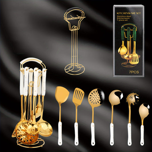 This luxurious Nordic kitchen utensil set includes 7 pieces, each made of stainless steel with elegant ceramic handles. The set includes a spatula, ladle, soup spoon, and more, making it the perfect gift for Christmas, Valentine's Day, or Thanksgiving.