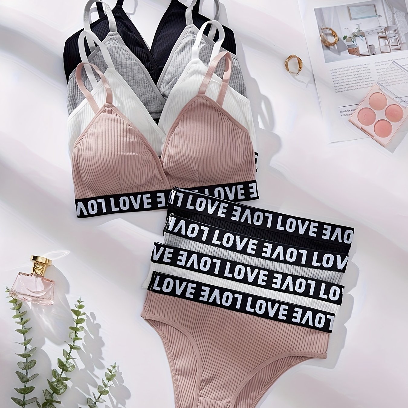 4-piece lingerie set featuring letter print cami bra and panties for women