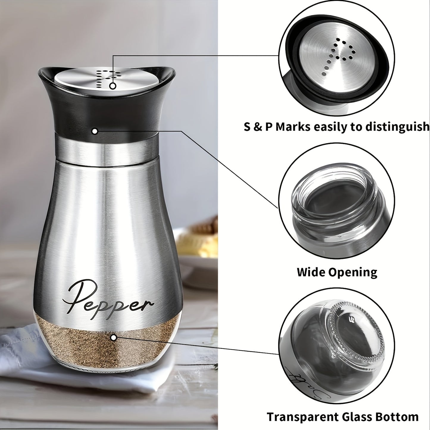 Salt and pepper shakers set with stainless steel bracket and electroplated handle, perfect for table, RV, camp, or BBQ.