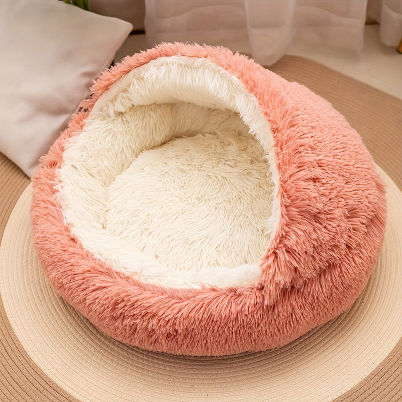 Plush long-haired small animal bed with detachable cover. Round, fluffy and comfortable for cats and dogs. Keeps pets warm in winter, improves sleep quality. Non-slip and foldable support