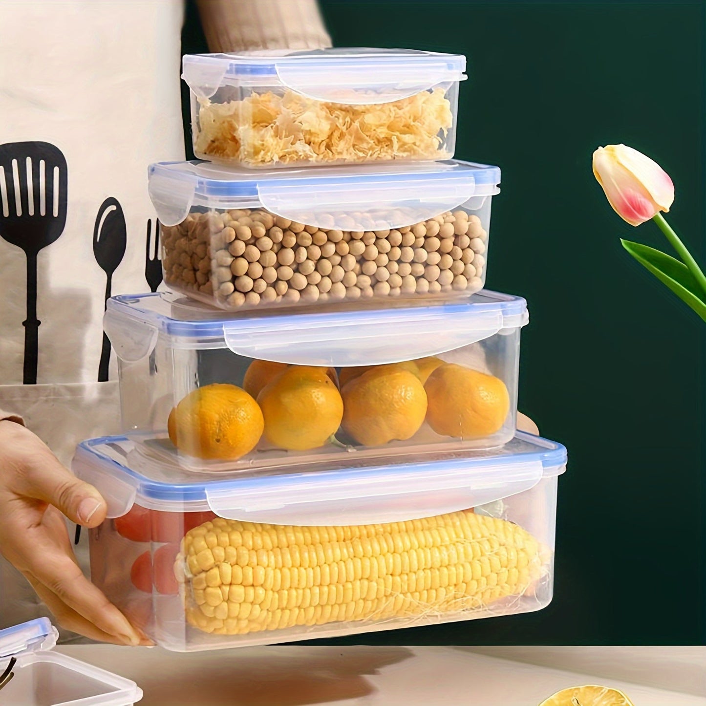 Transparent plastic food storage box with moisture-proof and airtight seal, ideal for storing grains and other foods in the kitchen refrigerator. This large container is microwave safe and thickened for durability, making it a must-have accessory for