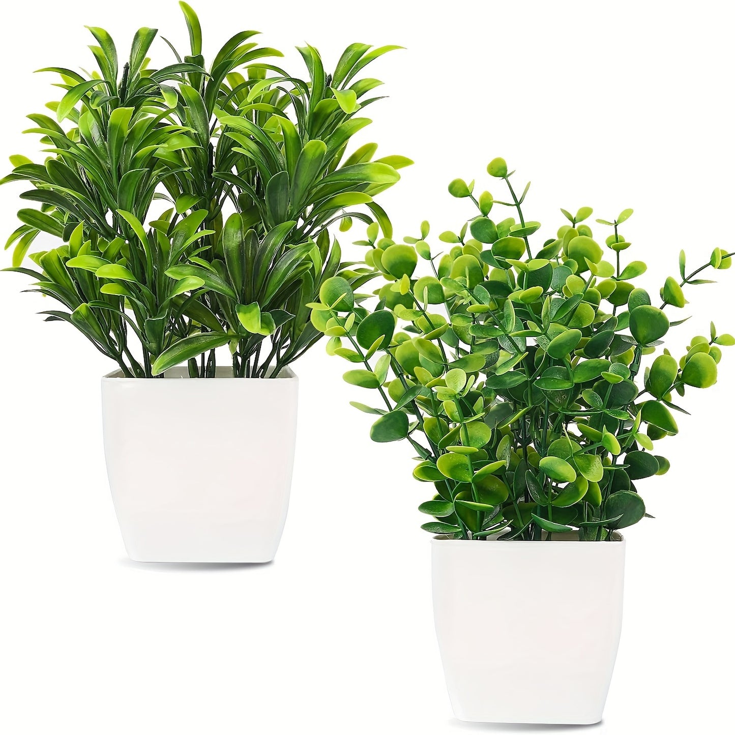 2 artificial mini potted plants with green eucalyptus leaves for summer home or desk decor.