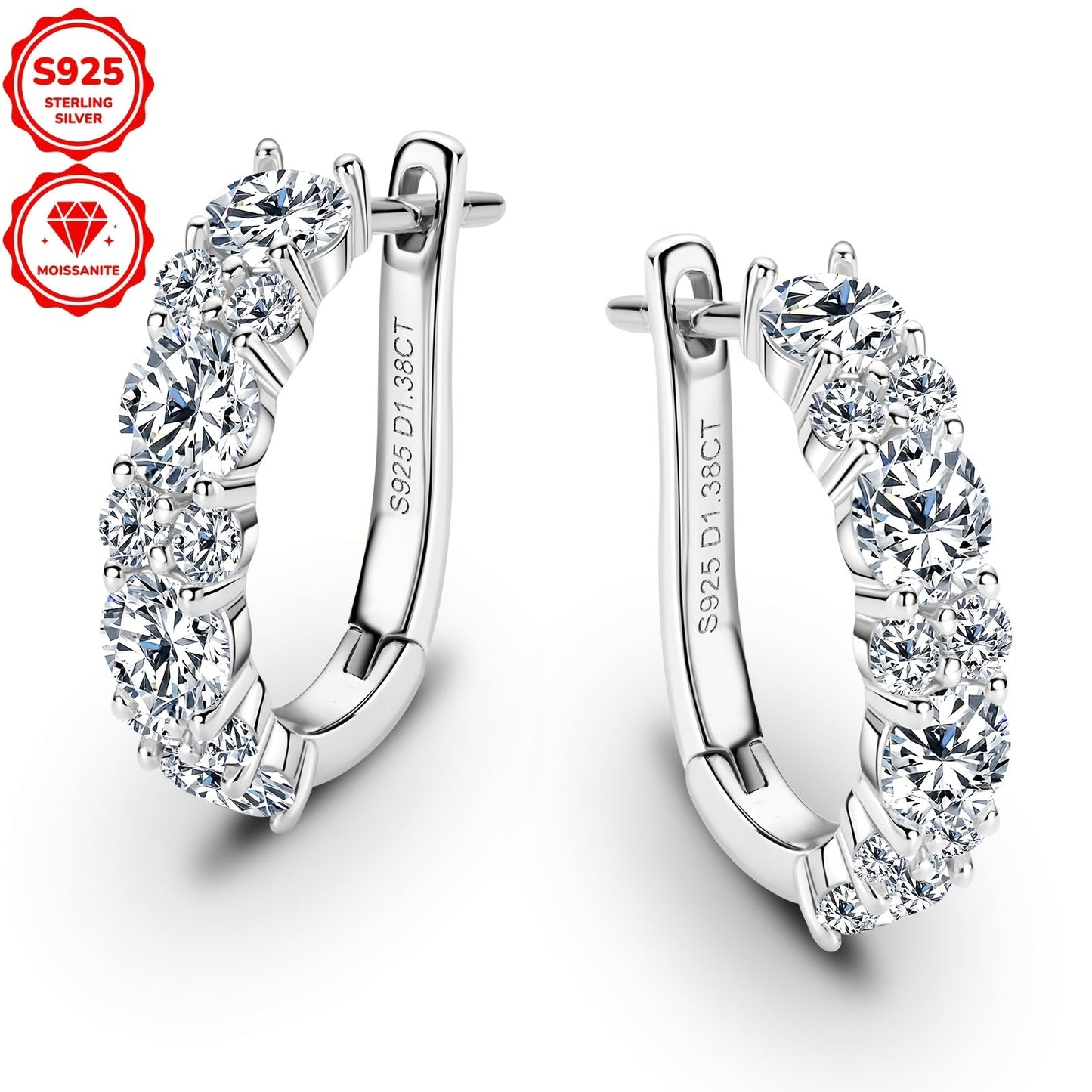 Elegant and luxurious, these hoop earrings are made of 925 sterling silver plated with synthetic moissanite stones. With a 14K golden finish, these earrings feature a total silver weight of 2.36g and are adorned with 4mm and 2mm stones totaling 1.38ctw.