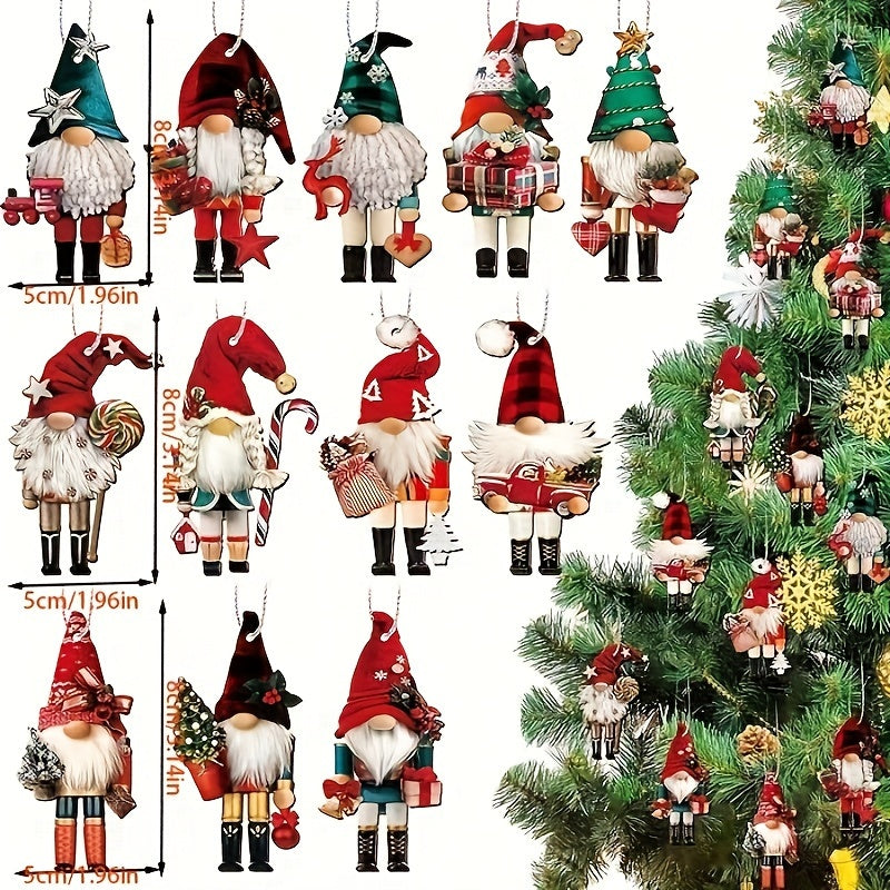 24 Festive Christmas Gnome Nutcracker Ornaments - Wood hanging decorations for Christmas tree