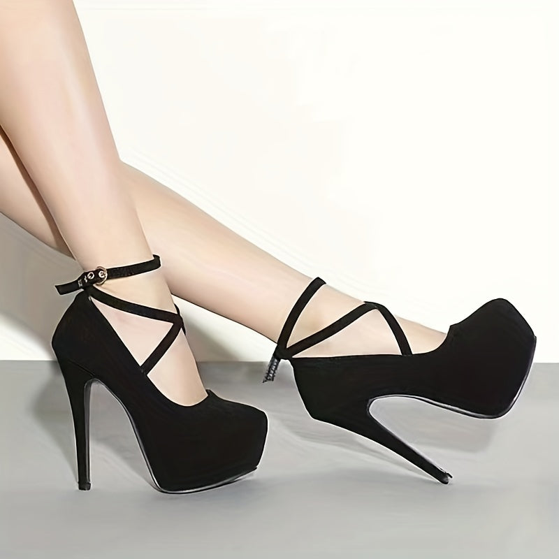 Women's high heels with crossed straps, thin heels, round head, shallow mouth, and high waterproof platform, ideal for night clubs and creating a sexy look.