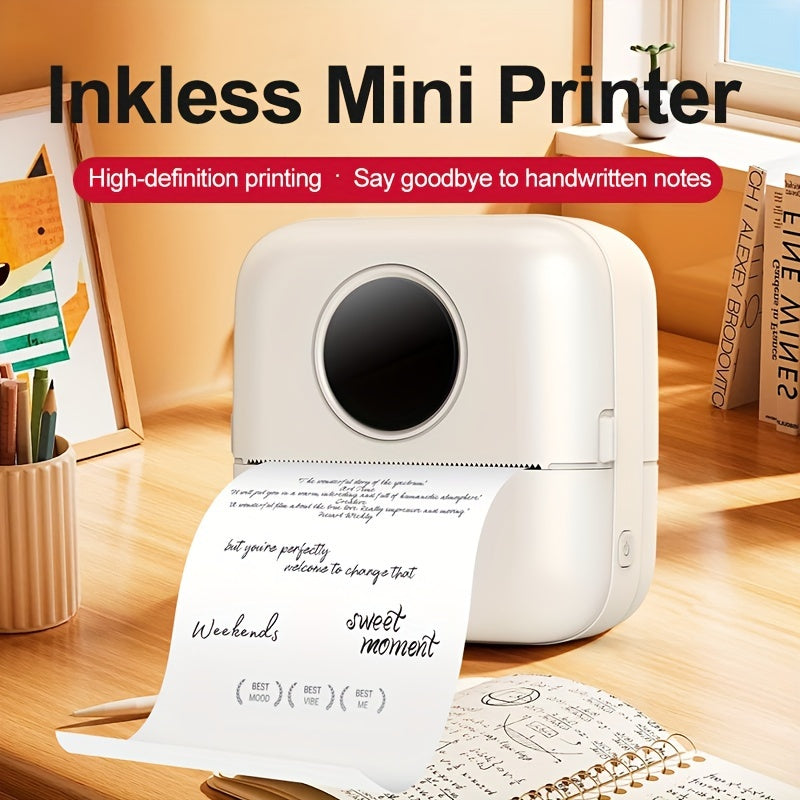 Mini thermal label printer with rechargeable battery for scrapbooking and diaries.