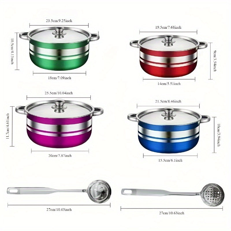 Stainless Steel Cookware Set - Includes 10 Pieces with Lids & Spoons - Features Multi-Color Design, Compatible with Induction & Gas Stoves - Ideal for Cooking Soups, Hot Pots, Noodles & Seafood