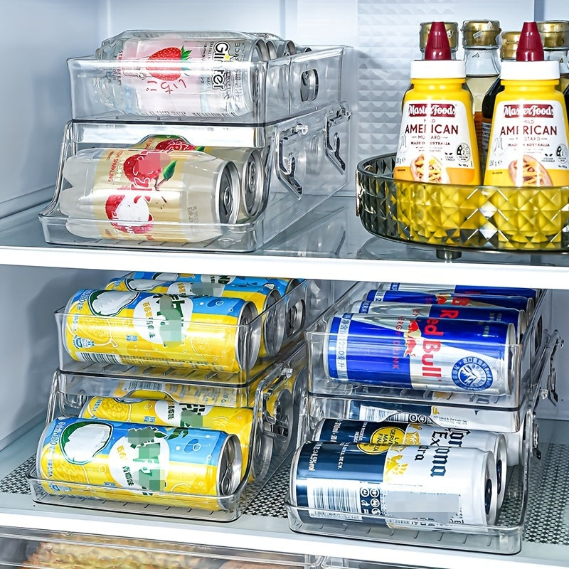 Stack and store your beverages with ease using the 1pc Stacking Can Dispenser. This double-layer refrigerator storage box is made of PET material, ensuring durability. The thickened design allows for double folding, perfect for storing your favorite cola