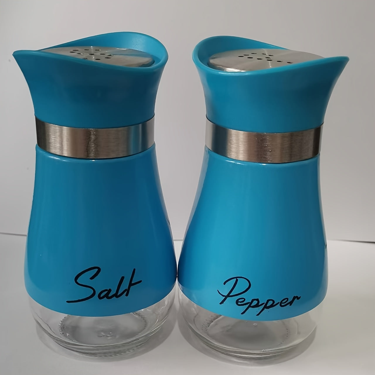 4 oz glass bottom salt and pepper shaker set with stainless steel lids for kitchen, RVs, camping, and barbecues.