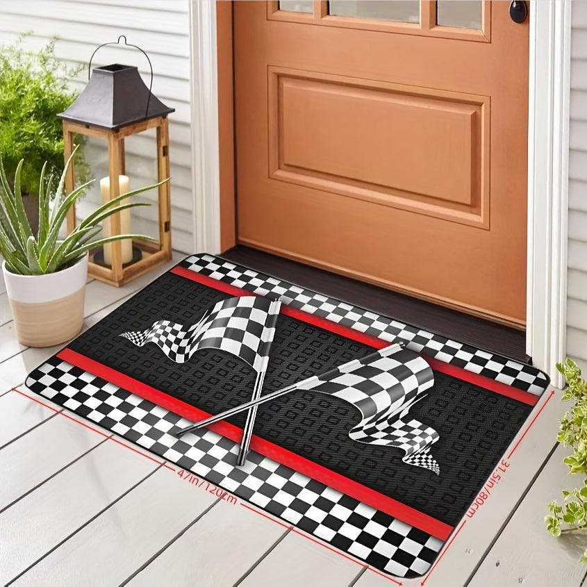 One high-quality Flannel Racing-Themed Mat, 1.1cm thick and non-slip, featuring a Black & White Checkered Flag design with Red Stripes. Machine washable and suitable for Teens, Boys, Girls, Men & Women. Versatile for use in the Living Room, Bedroom