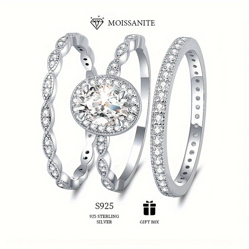 925 Sterling Silver promise stacking rings featuring a 1ct Moissanite stone. Perfect for engagement, wedding, or evening party wear. Comes with a certificate and gift box.