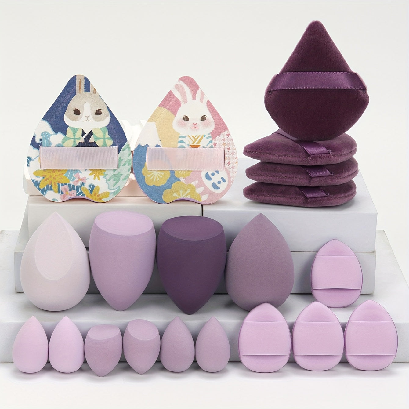 A 20-piece candy set includes various beauty sponges for blending makeup and covering imperfections. Latex-free and suitable for all skin types.