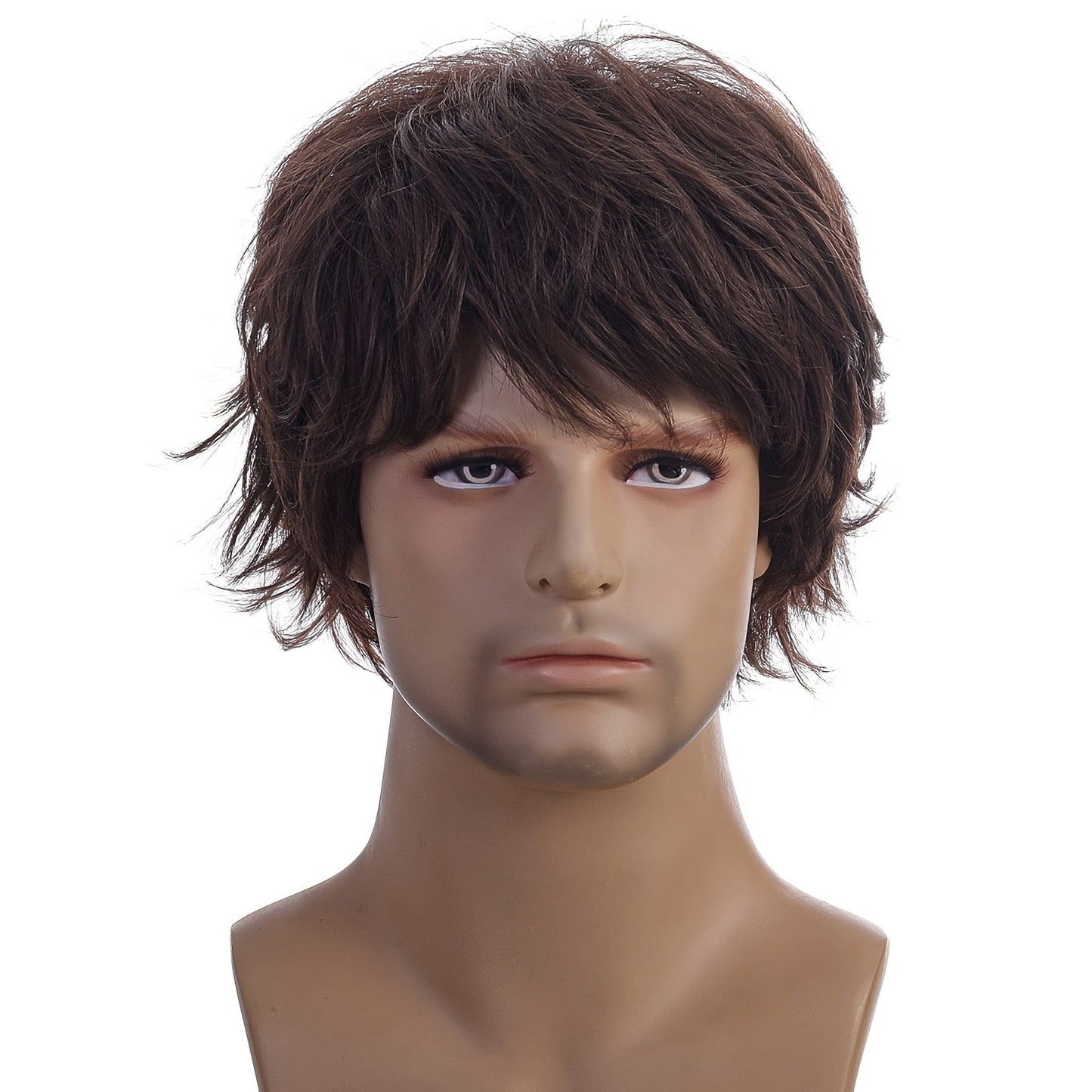 Fashionable men's wig with short curly hair and natural oblique bangs.