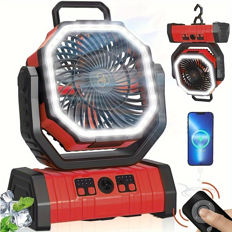 Rechargeable Indoor/Outdoor USB Fan with Remote Control, 20000mAh Battery, LED Light, Dual Usage for Camping Tent, ABS Material, 180° Swivel, Lithium Battery, Key Control, Ideal for Home and Kitchen Cooling/Heating