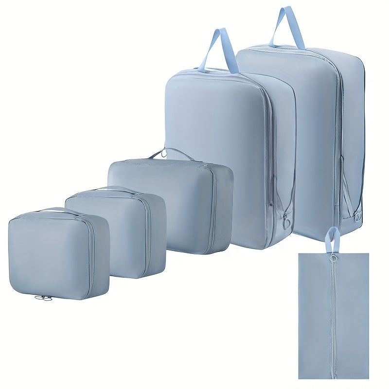 Durable 6-piece packing cubes set made of polyester for organizing clothes, toiletries, and luggage while traveling.