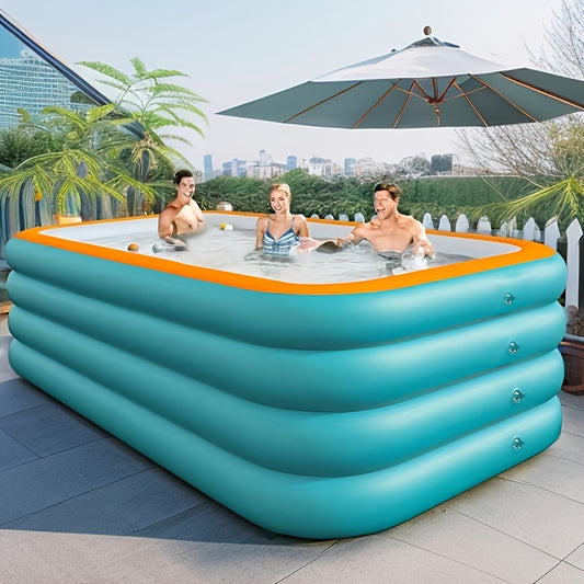 Spacious 3m inflatable swimming pool with water slide and 4-ring design, made of thick PVC in teal and orange colors. Ideal for 4-6 people, perfect for summer fun and outdoor gatherings