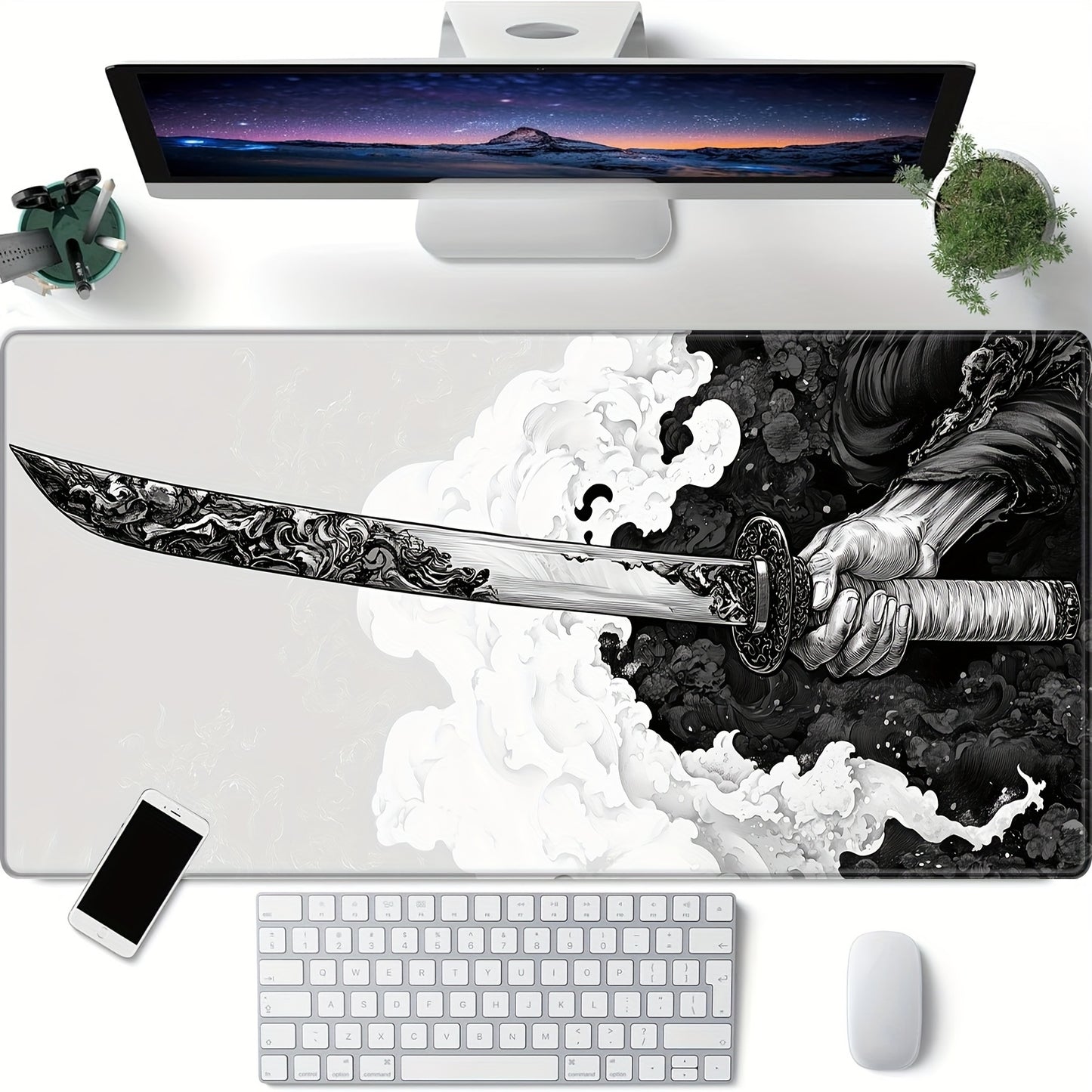 Large Japanese Samurai Sword Gaming Mouse Pad - 80.01 x 29.97 cm, Durable Stitched Edges, Natural Rubber Desk Mat