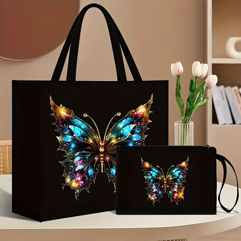 Chic handbag and wallet set featuring butterfly and floral print, durable shoulder strap, magnetic closure, and foldable design for shopping and travel.