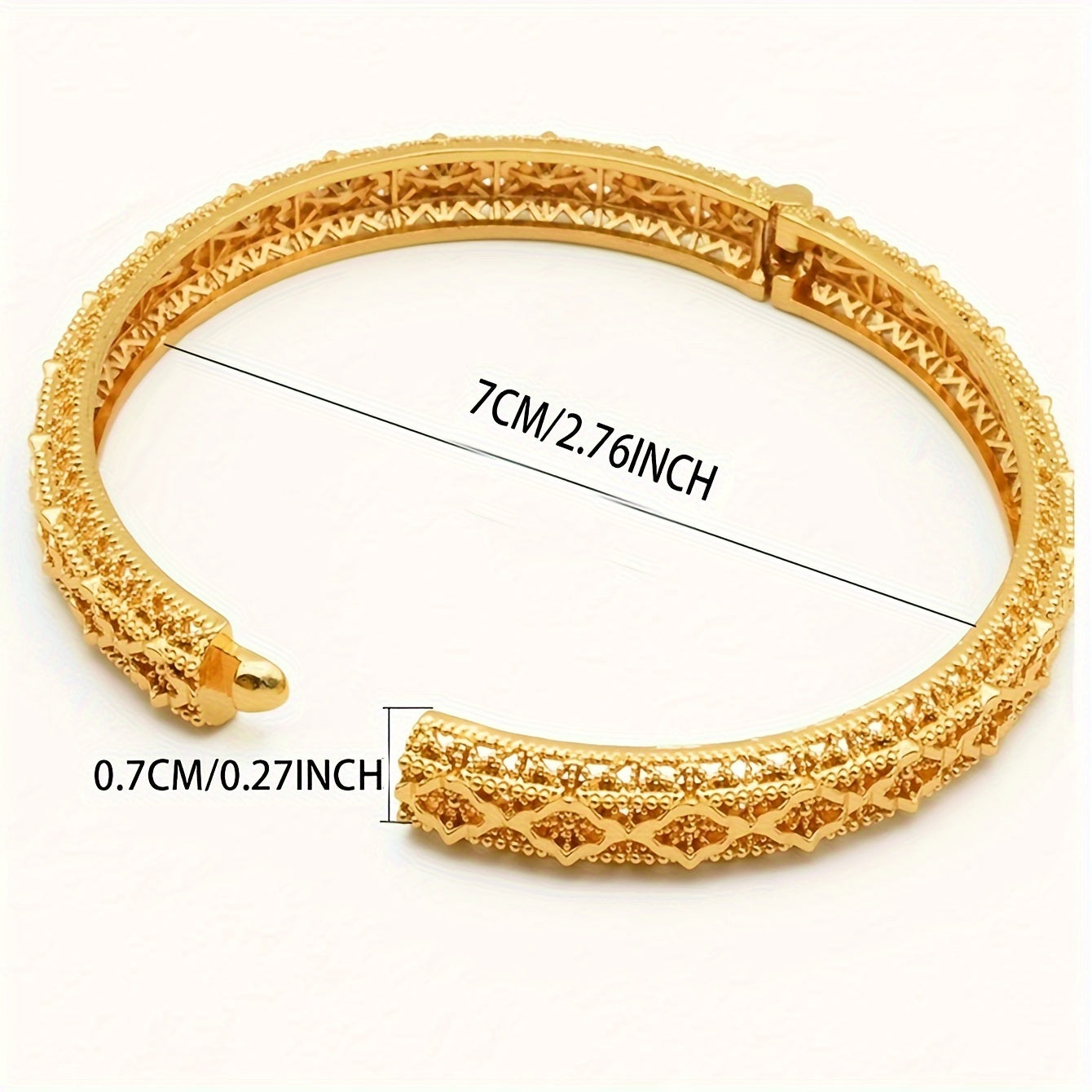 A set of four 24K golden plated bangle bracelets, luxurious and alluring zinc alloy jewelry inspired by Middle Eastern and African styles. Perfect for women to wear daily or to parties, music festivals, or as Ramadan gifts. Suitable for all seasons.