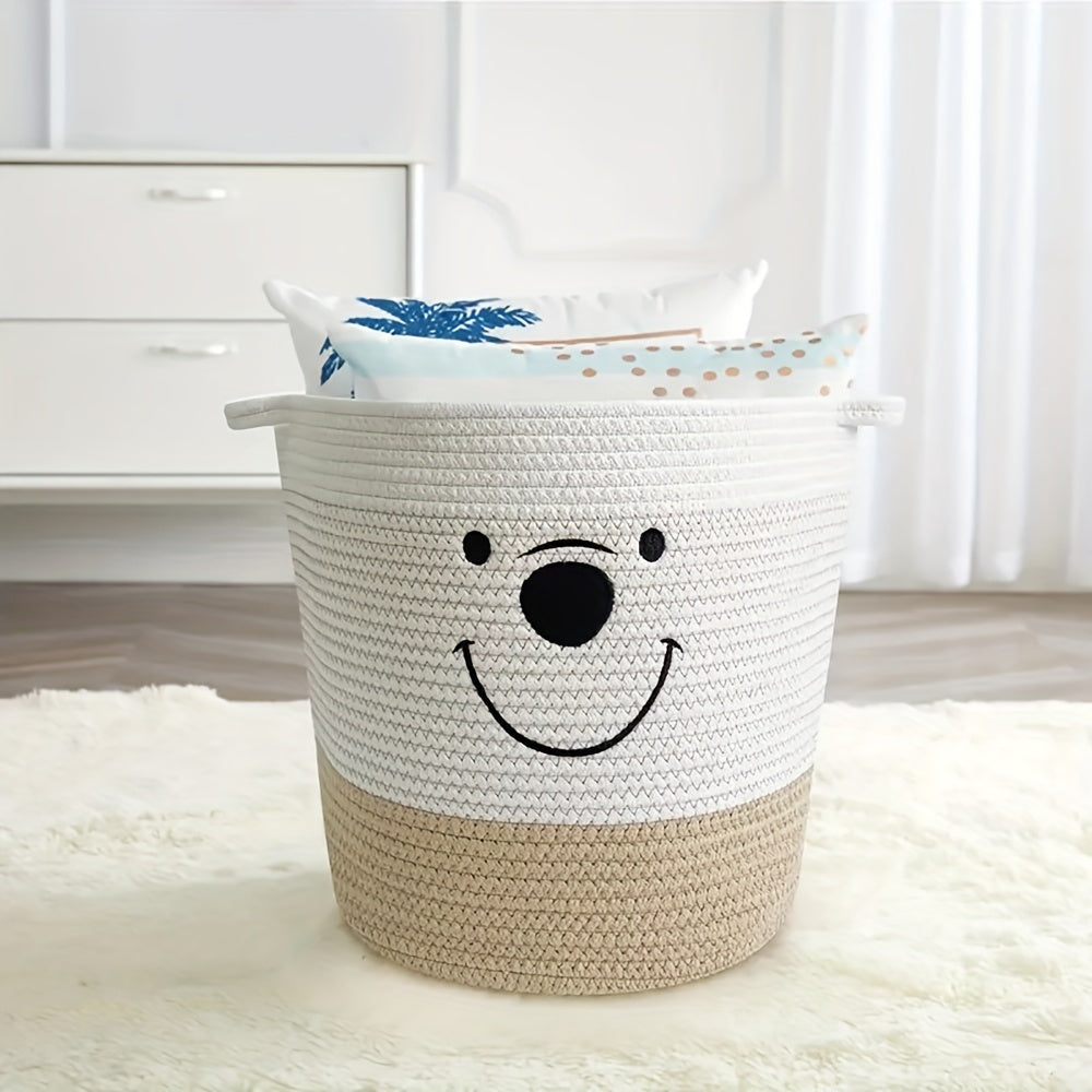 Large cotton rope gift storage basket with handles, white and khaki gift organizer for Christmas, Halloween, Thanksgiving, Valentine's Day, and Easter gifts.