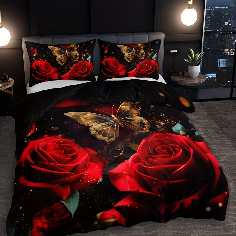 3-piece Romantic Rose Butterfly 3D Duvet Cover Set with 2 Pillowcases. Soft and breathable with HD printing for home or dorm decor.