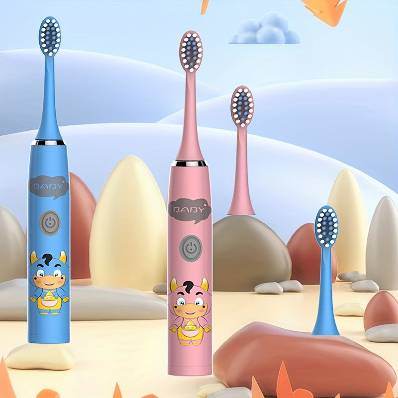 2 Electric Toothbrushes with battery-powered cartoon style and replaceable ultra-soft bristles. Includes 2-12 brush heads and a 2-minute smart timer for effective dental plaque cleaning