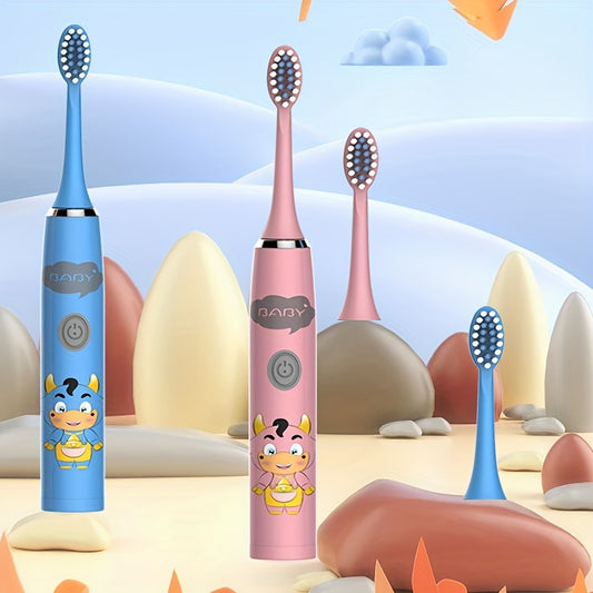 2 Electric Toothbrushes with battery-powered cartoon style and replaceable ultra-soft bristles. Includes 2-12 brush heads and a 2-minute smart timer for effective dental plaque cleaning