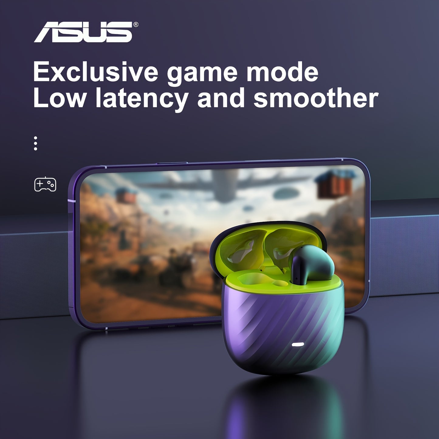 Asus wireless earbuds with microphone, long battery life and charging case for gaming and music.