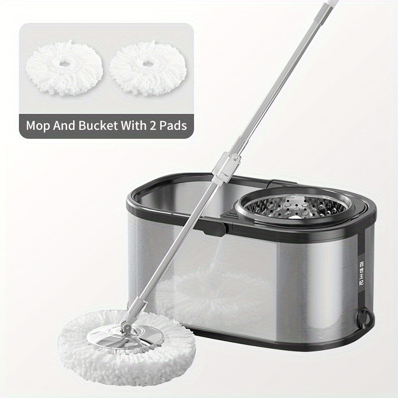 Household Spin Mop and Bucket Set with 2 Mop Pads, Rotating Floor Mop, Hands-Free Stainless Steel Mop for Dust Removal, Dry and Wet Use, Ideal for Home, Kitchen, and Bathroom Floor Cleaning Supplies