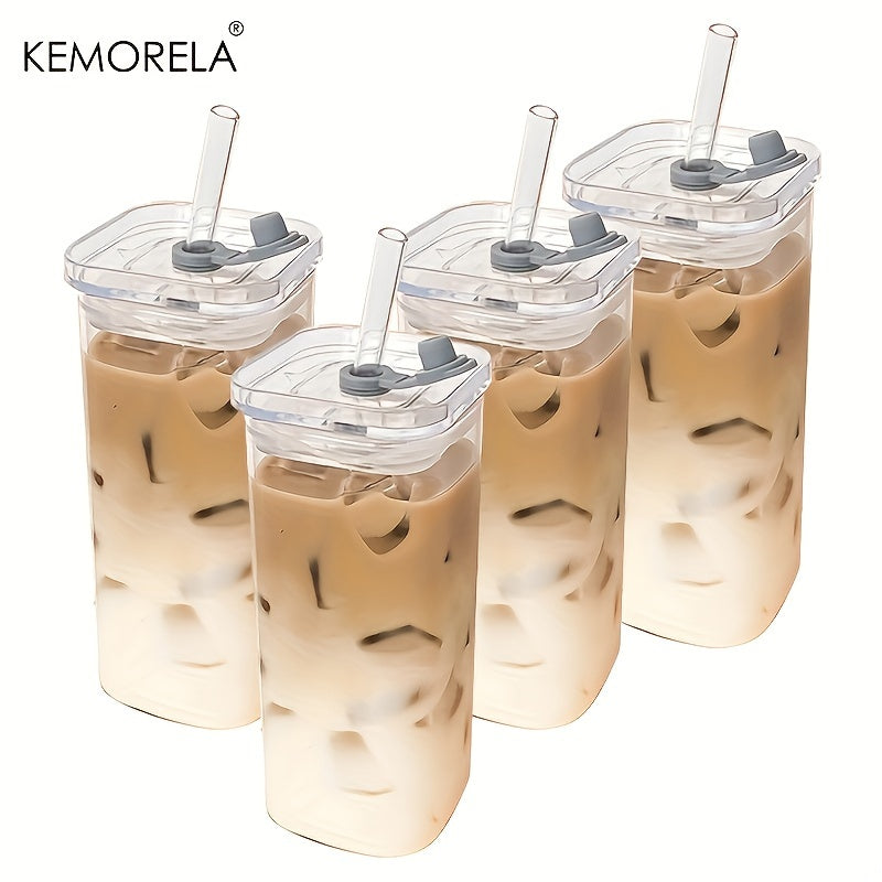 KEMORELA 4/6pcs 380ml/12oz Portable Drinking Cup - Rectangular Heat-Resistant Glass Mug with Lid and Straw - Durable and Versatile for Hot or Cold Beverages, Single-Piece Packaging, Perfect for On-The-Go.