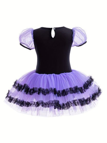 Elegant fit and flare mini dress with floral design, slight stretch fabric, ball gown hem, button details, tulle skirt, and sequins for little girls. Perfect for ballerina dance costumes