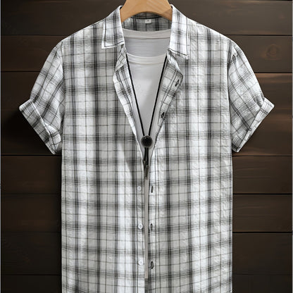 Men's summer casual plaid shirt with short sleeves, lapel collar, and regular fit. Made of 60% polyester, 34% cotton, and 6% rayon non-stretch woven fabric. Suitable for outdoor hiking and