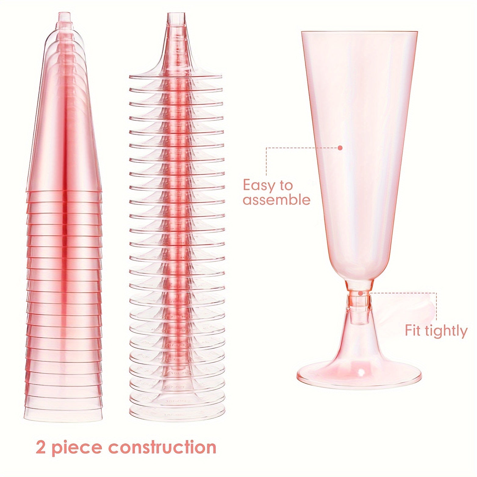 25 pieces of plastic clear disposable champagne flutes, including crystal pink champagne flutes. These cocktail cups and plastic glasses are perfect for weddings, picnics, gatherings, and parties. Get yours now for all your party supply needs!